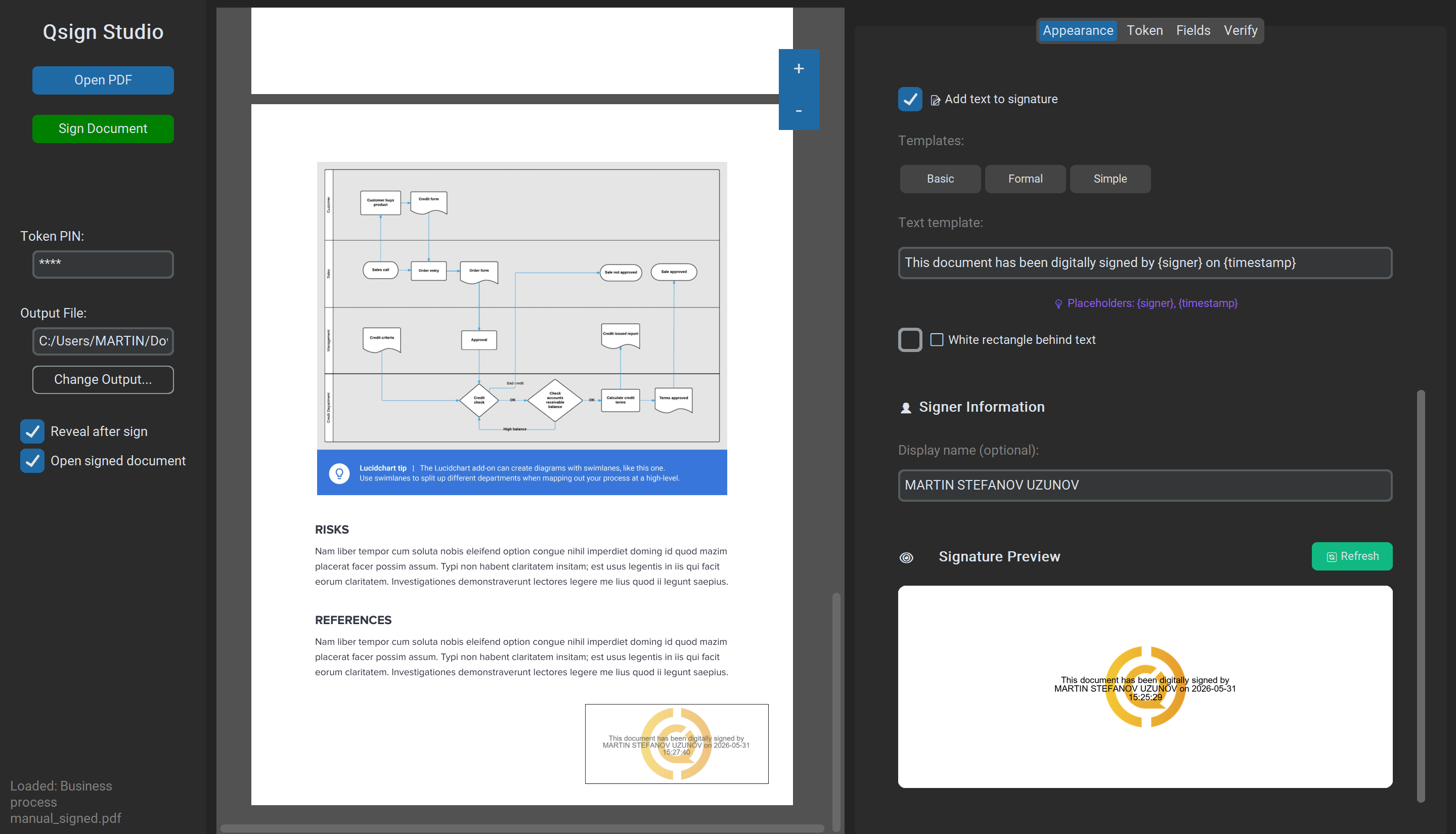 Qsign Studio — Appearance settings showing text templates, signer information, and signature preview